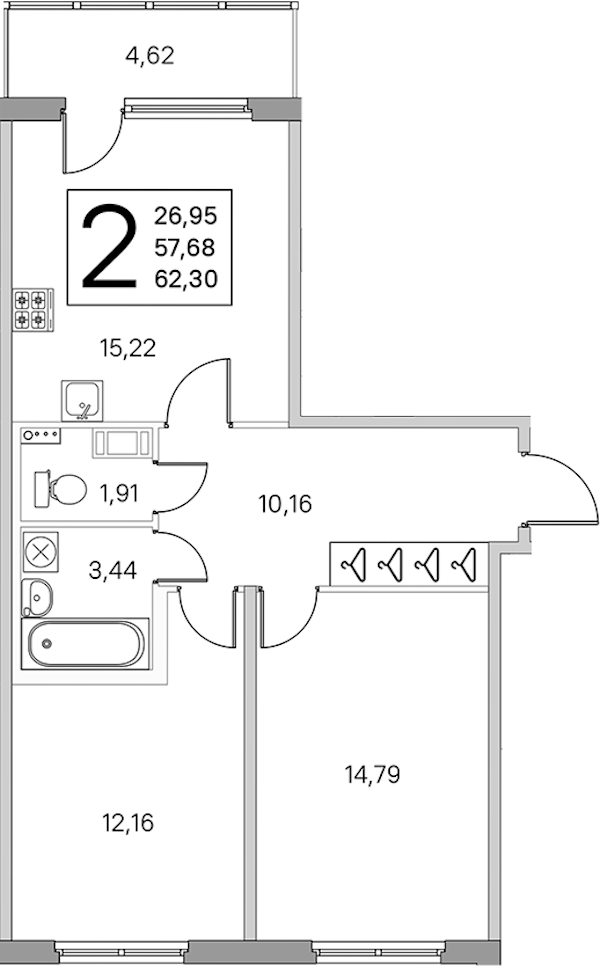 2-комнатная квартира 59.99 м², 3/4 эт., ЖК «Любоград в Стрельне»